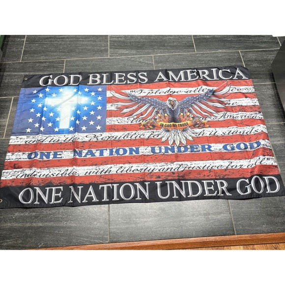 God Bless America Flag Patriotic One Nation Under God Eagle USA Decor - Picture 1 of 6